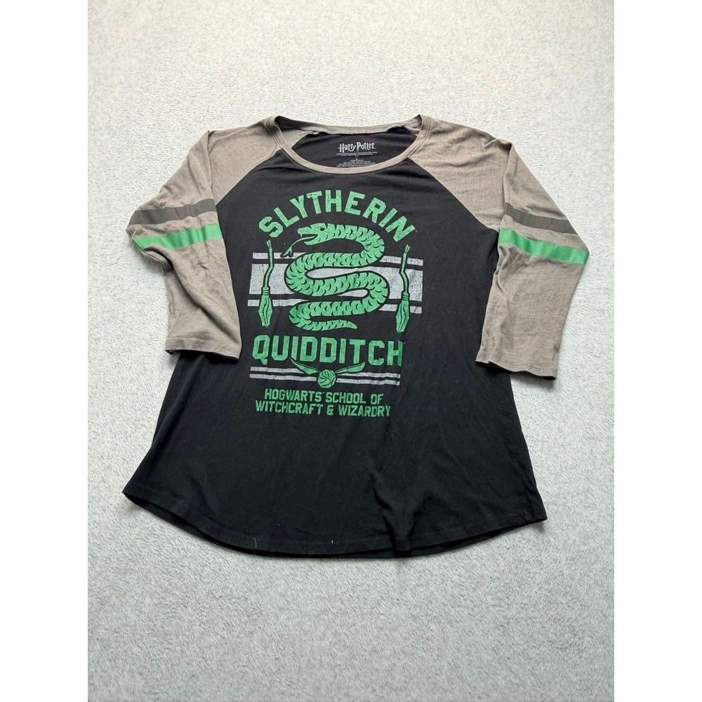 Harry Potter Slytherin Quidditch Raglan Tee Black Grey 3/4 Sleeve Shirt XL